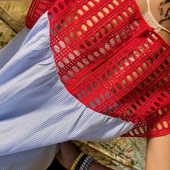 Maeve brand top size small blue white pinstripe red crochet fluff sleeve - Picture 7 of 8